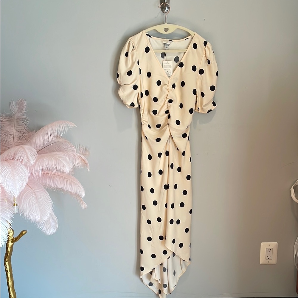NWT Cream and Black Polka Dot Midi Ruched dress